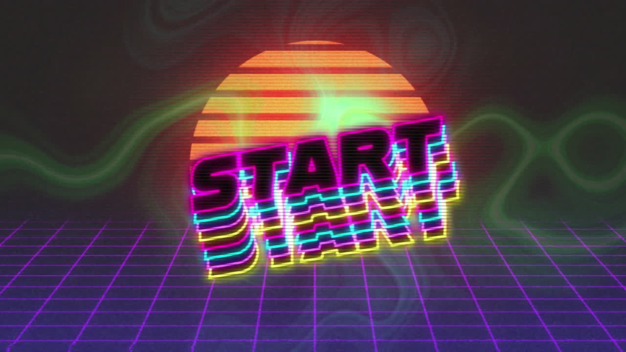 검은 바탕에 디지털 태양 위의 시작 텍스트의 애니메이션