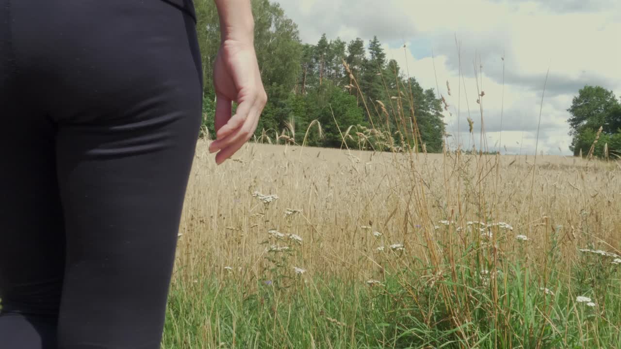 Mulher em forma de leggings caminhando em um caminho rural, saindo do enquadramento para revelar um campo de trigo dourado com flores silvestres sob um céu nublado