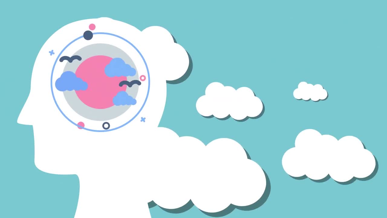 녹색 배경에 구름과 태양이 구름 위에 있는 인간의 머리의 애니메이션