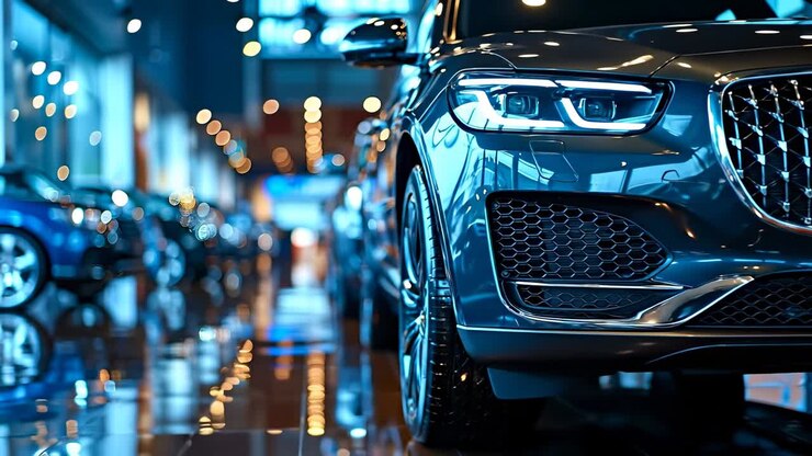 Showroom auto di lusso, luci brillanti. Le auto sono esposte in uno showroom con luci brillanti. Il pavimento riflette la luce ed evidenzia i dettagli del veicolo.