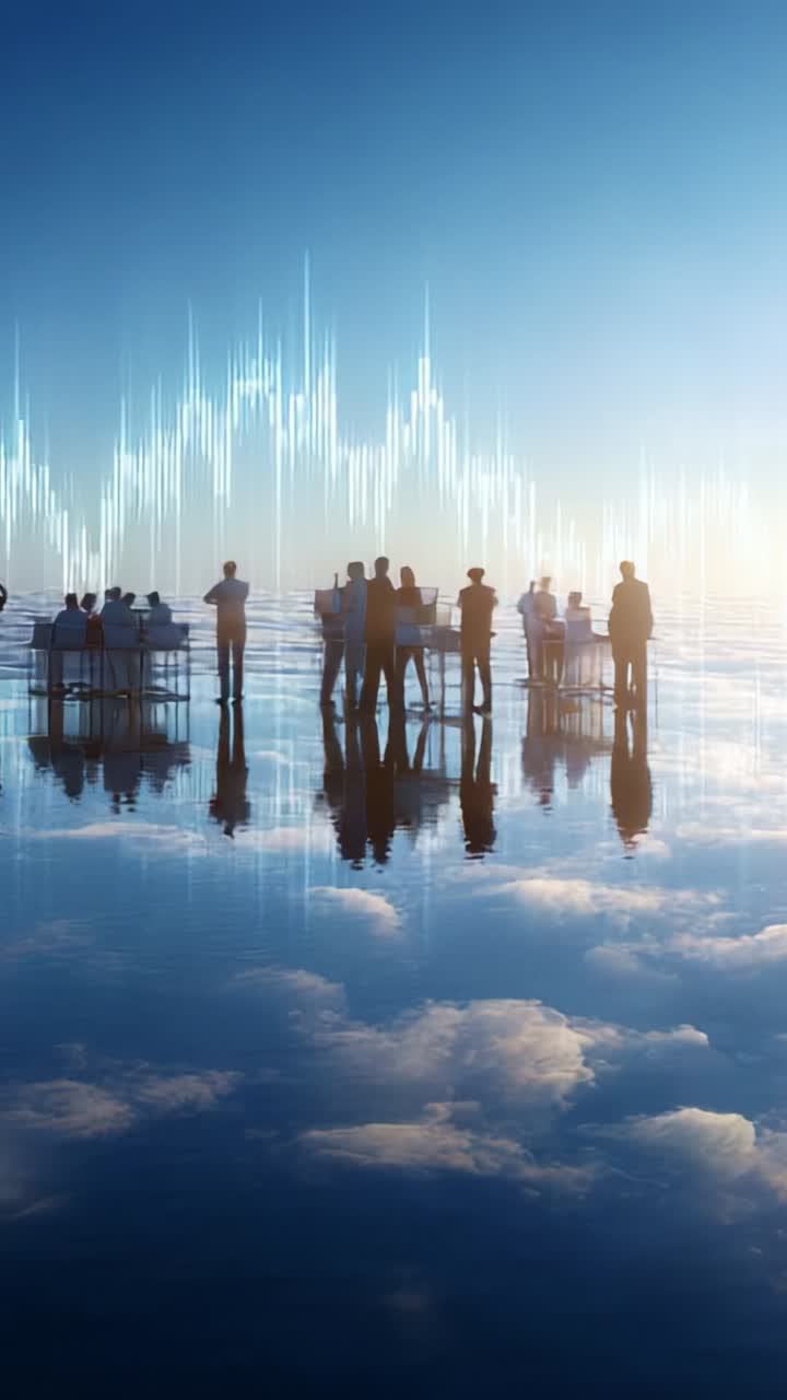 Gathering of silhouettes in a serene landscape reflecting soft clouds and light, symbolizing connection, data interaction, and the beauty of human collaboration