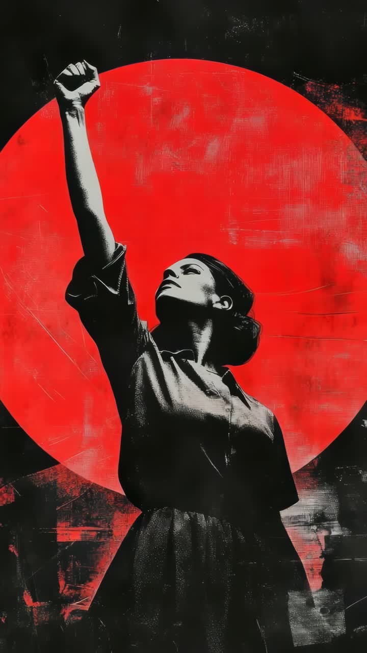Dramatic low-angle shot of a woman raising her fist against a bold red circle backdrop, reminiscent