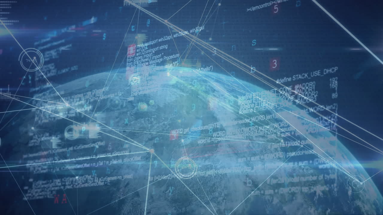 Animation of moving network of connections and data processing over globe on dark background