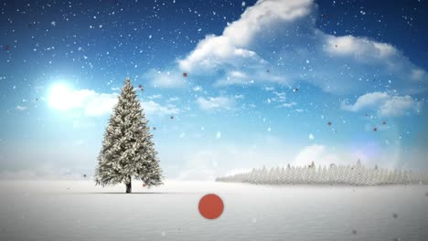 Red-particles-and-snow-falling-over-christmas-tree-on-winter-landscape