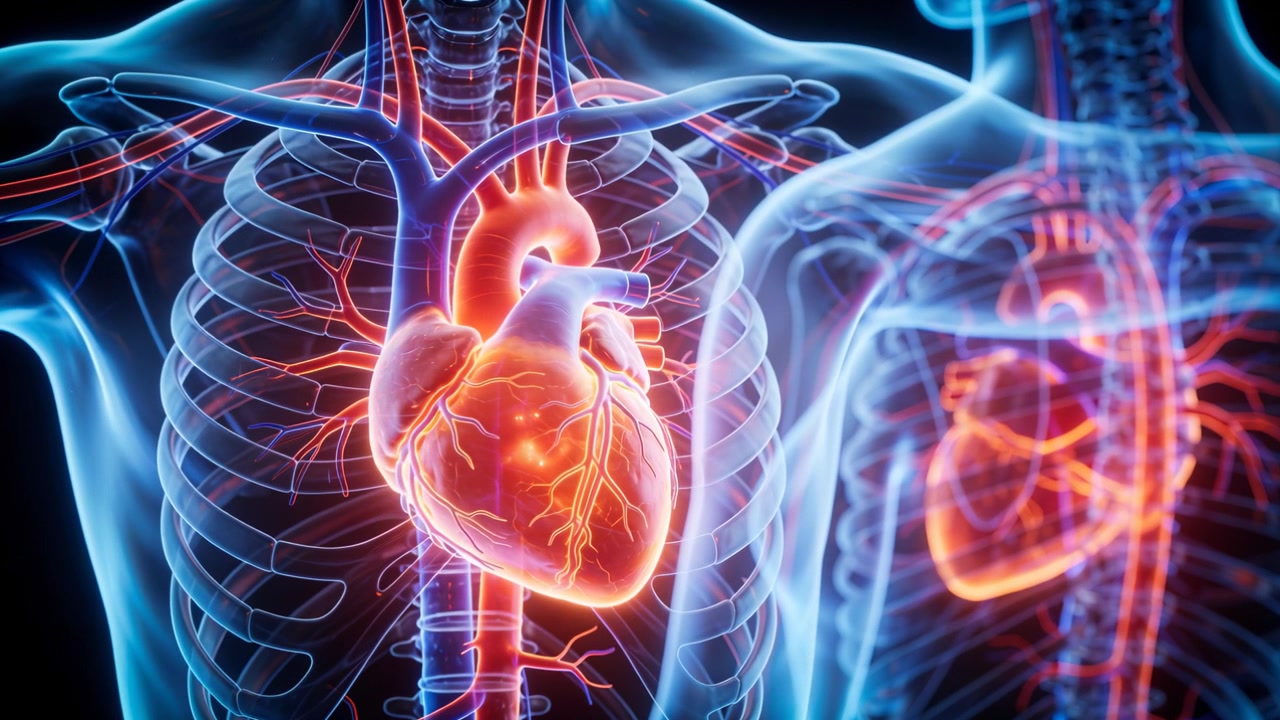 Costole che rivelano un cuore luminoso che pulsa, mostrando le coronarie per l'educazione medica clinica