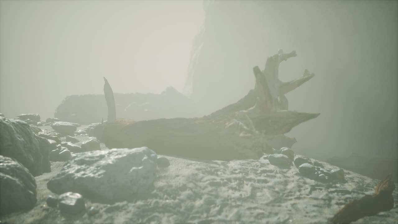 깊은 안개 속의 모래 해변과 함께 바위 절벽