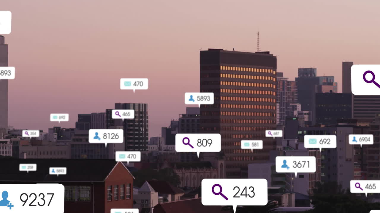 Animation of social media icons with growing numbers over cityscape