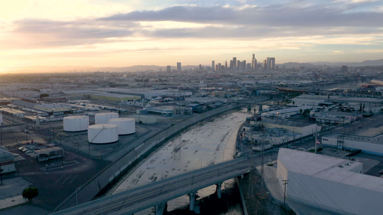 Aerial View of the Los Angeles River and Downtown Skyline at Sunset