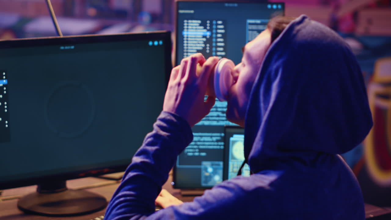 Hacker at computer running spyware