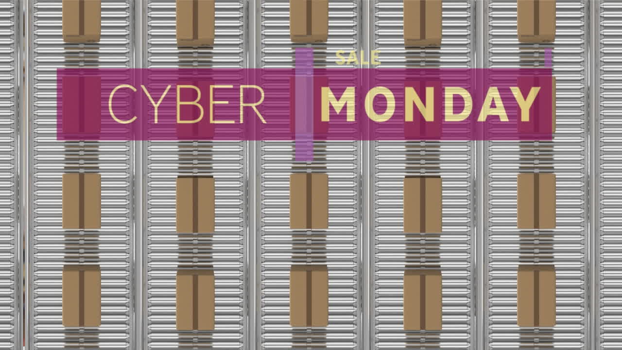 컨베이어 벨트에 있는 카드보드 상자 위에 있는 사이버 월요일 판매 텍스트의 애니메이션