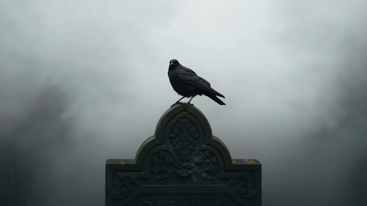 Shifting posture after mist rolling in, black crow tapping ornate tombstone at foggy cemetery