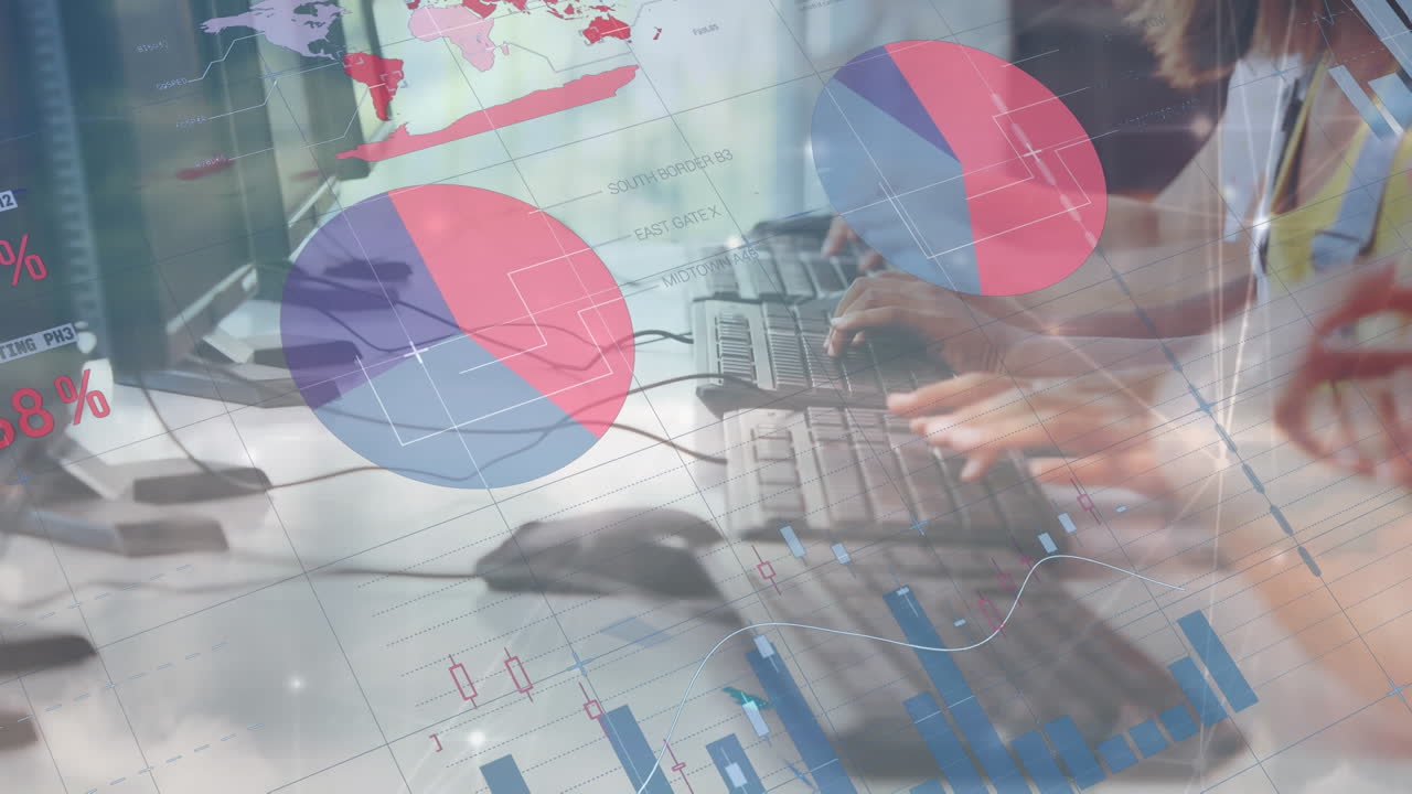animación del procesamiento de datos financieros sobre diversas personas que utilizan computadoras