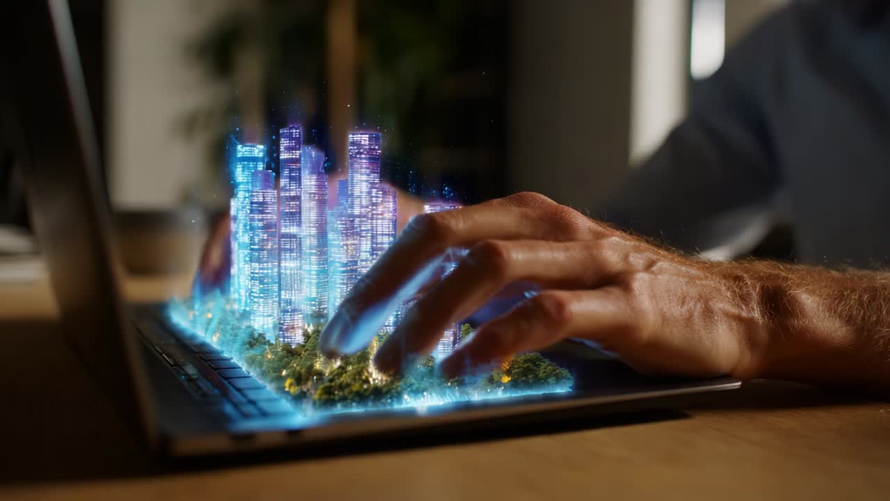 A Person Engages with a Laptop Displaying an Augmented Cityscape, Merging Technology and Imagination Through Digital Interaction, Illustrating the Future of Urban Development and Innovative Design