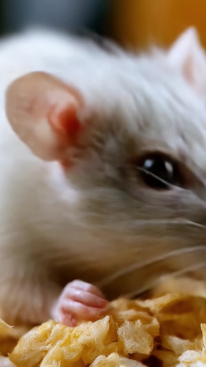 Un primo piano di un ratto bianco che esplora curiosamente il suo ambiente e gioca con il cibo, catturato in due fotogrammi distinti.