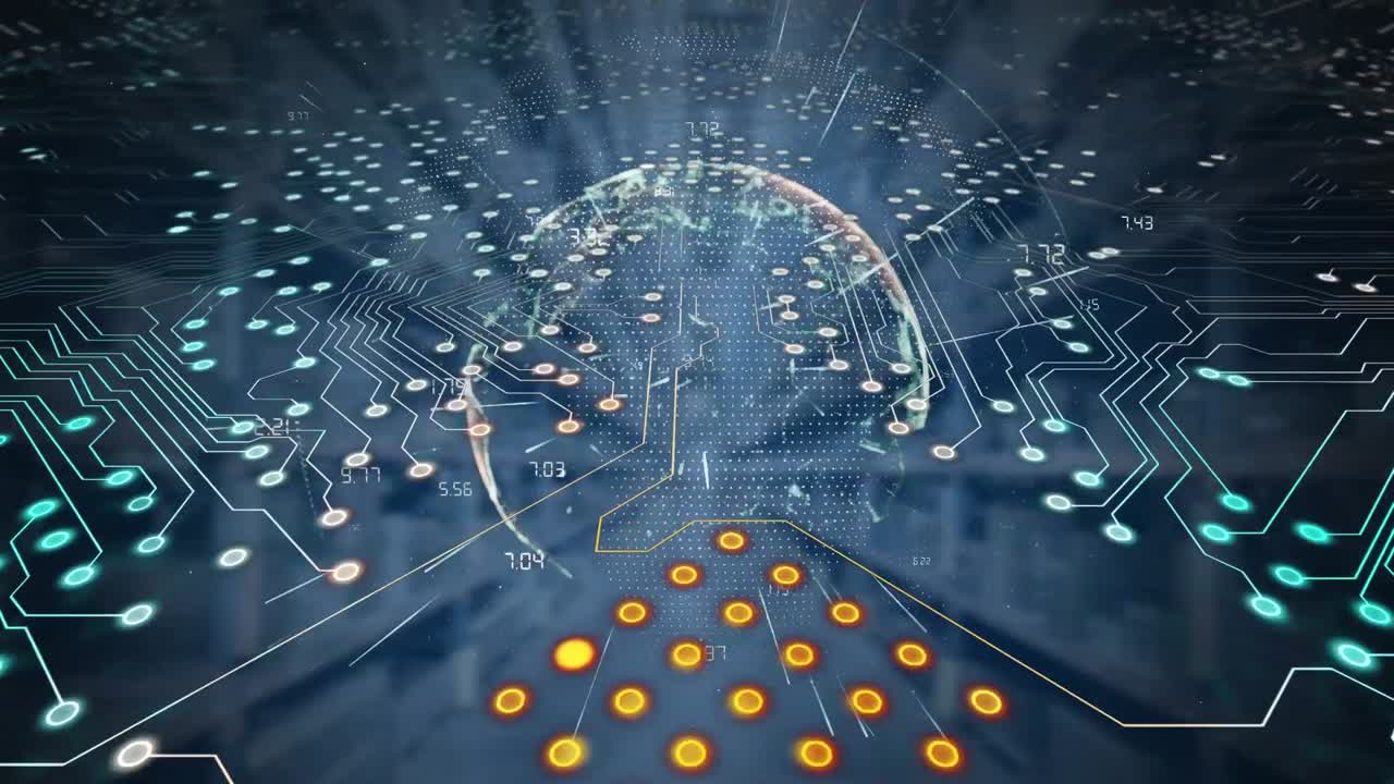 Animation of computer circuit board with globe and data processing over warehouse