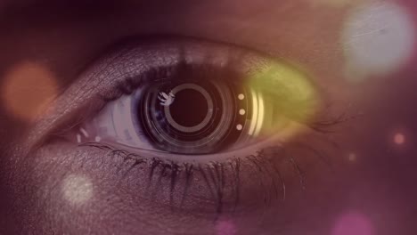 glowing spots of light against round scanner over close up of female eye