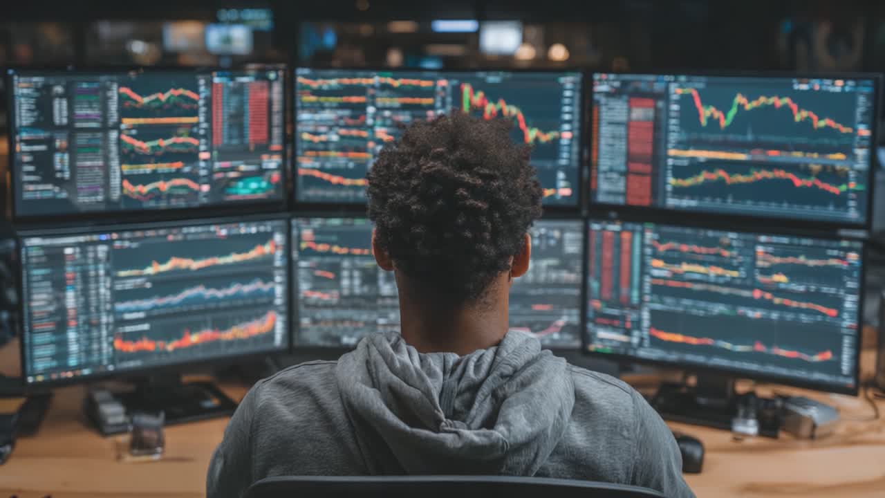 Focused Trader Analyzing Data on Multiple Monitors in a Modern Financial Environment, With Charts and Graphs Illustrating Market Trends and Patterns