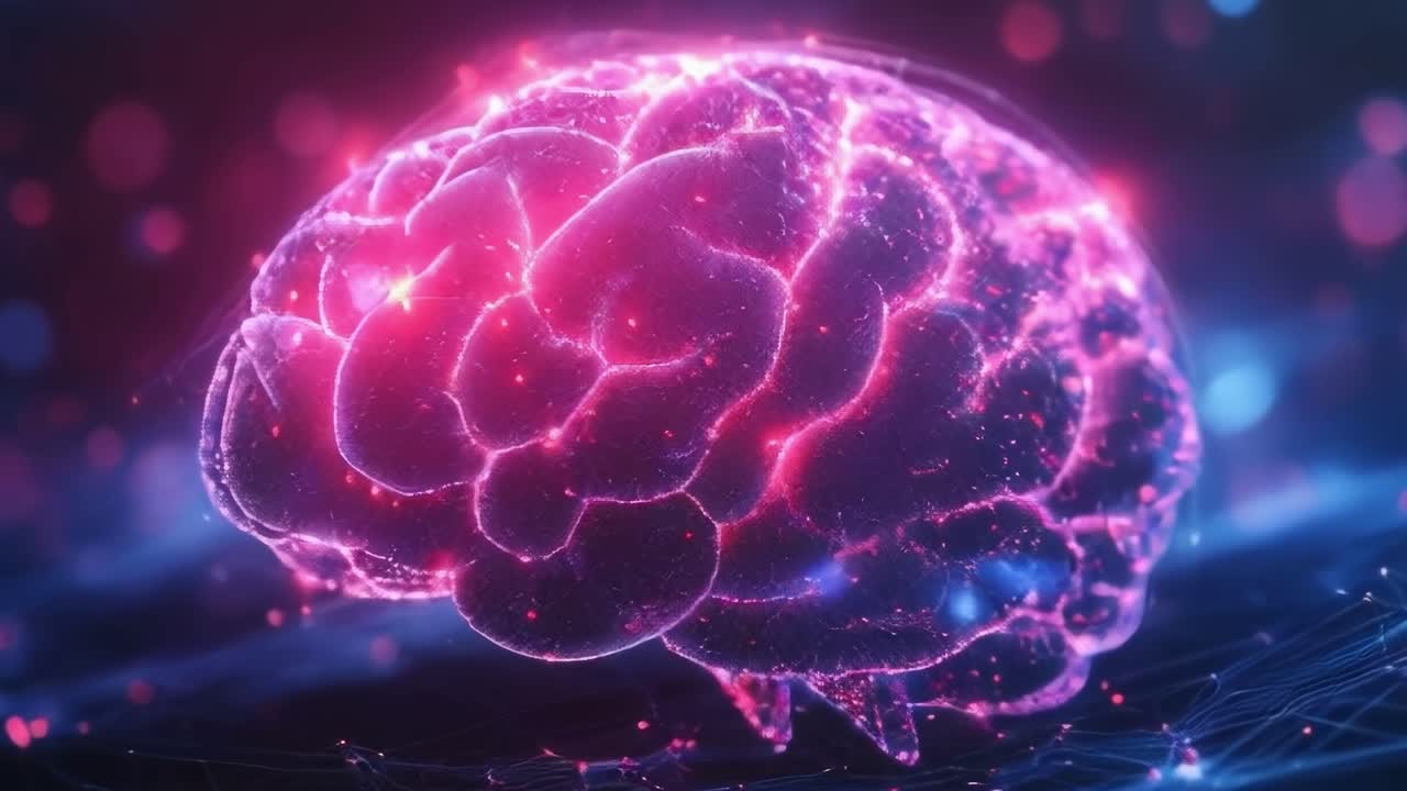 Futuristic visualization of a glowing brain in a digital landscape with vibrant colors and intricate details