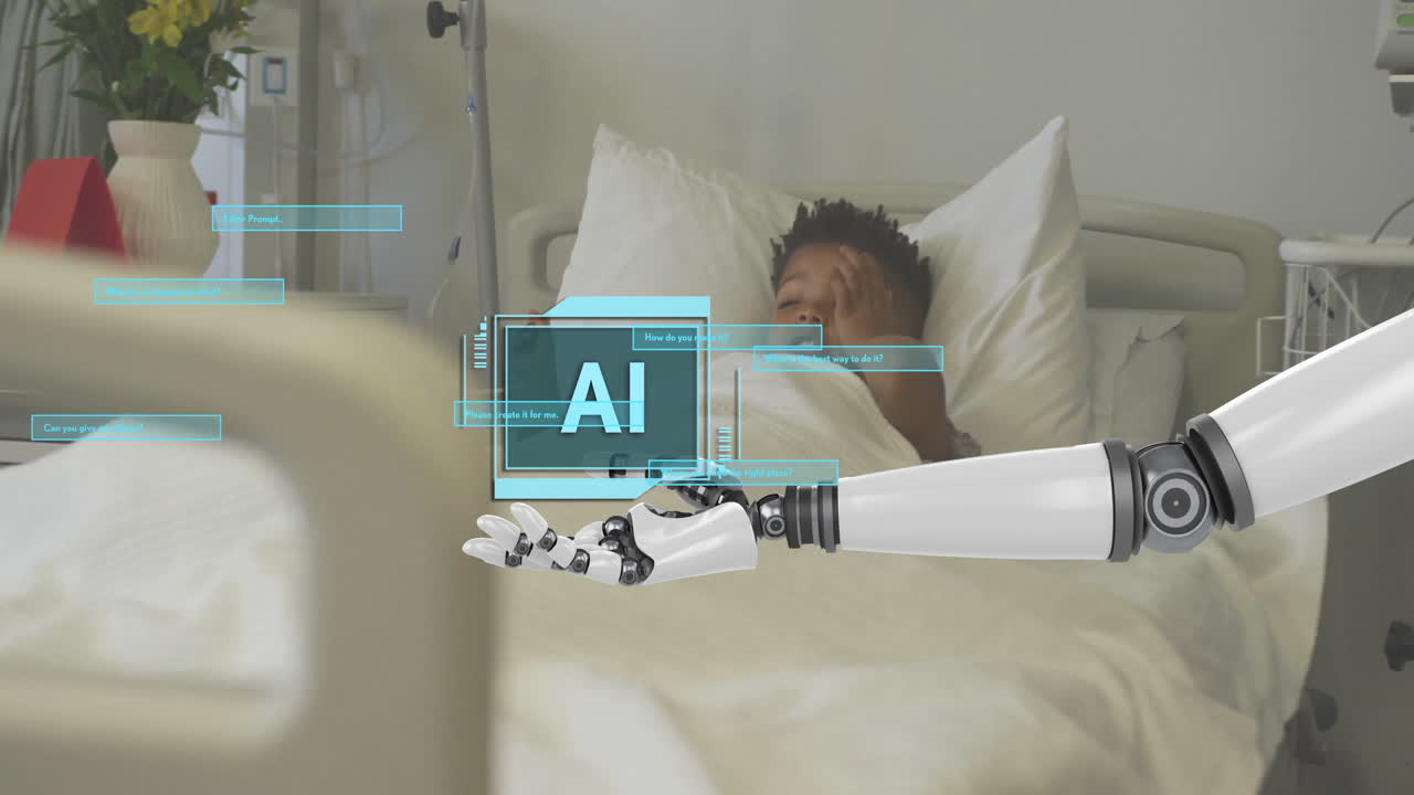 AI text and robotic arm animation over person lying in hospital bed