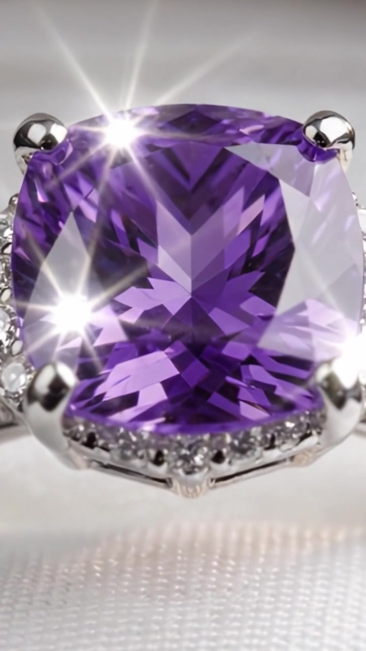 Elegant lilla edelstensring med intrikat sølvinnfatning som viser en fantastisk ametyst i midten, omgitt av glitrende aksentsteiner.
