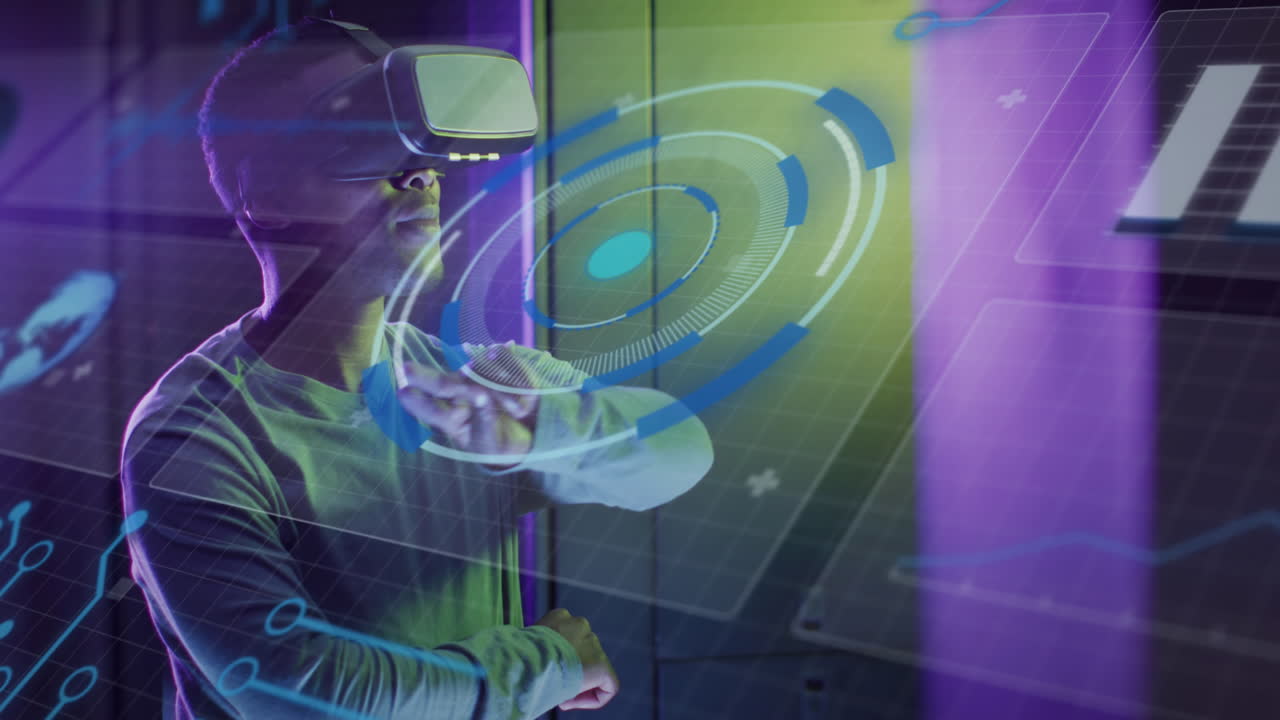 animación de procesamiento de datos, hombre afroamericano ingeniero informático en gafas de realidad virtual y servidores informáticos