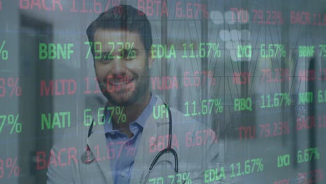 animación del procesamiento de datos financieros sobre un médico caucásico