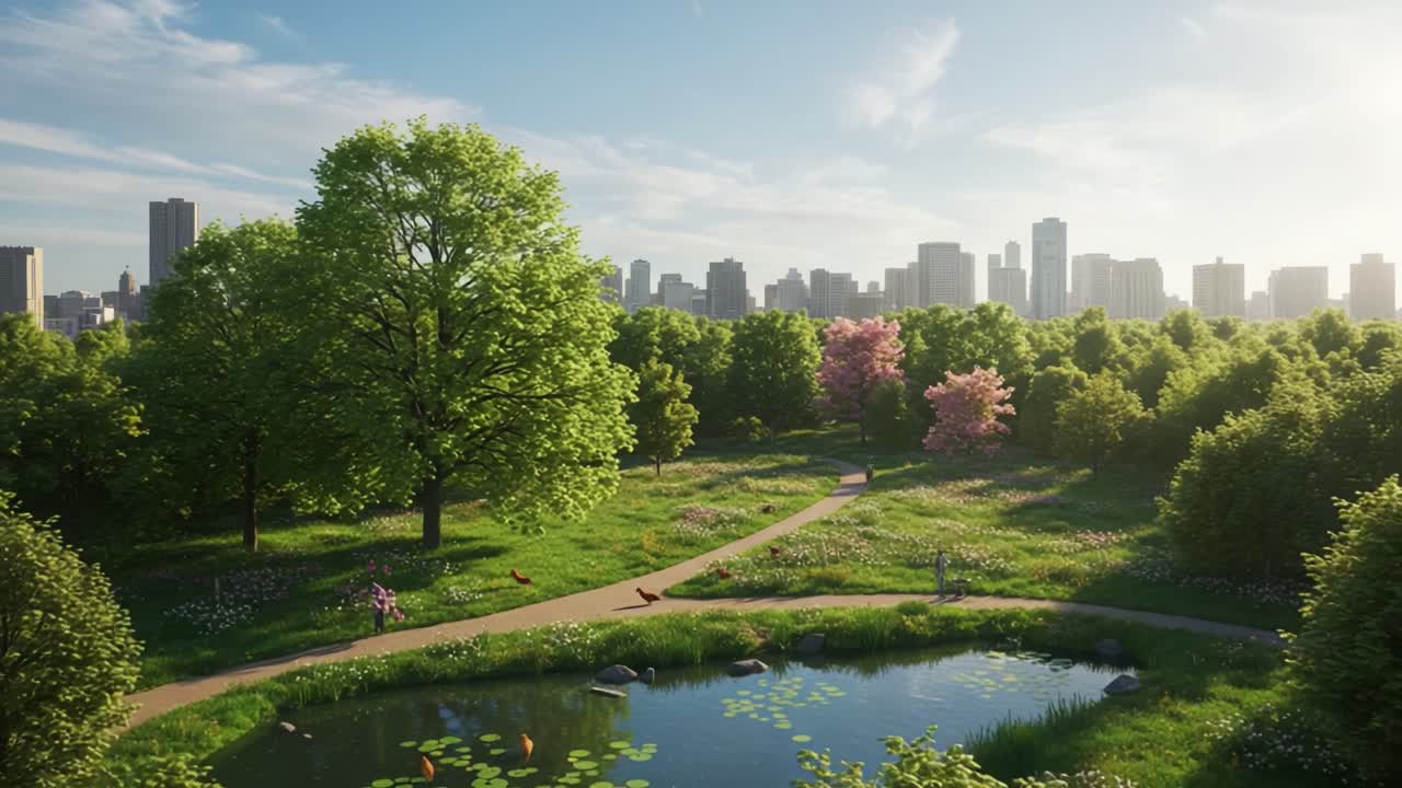 A Serene City Park Setting Showcasing Lush Greenery, Vibrant Flowers, and Tranquil Water Features Amidst Urban Skyline in Beautiful Daylight