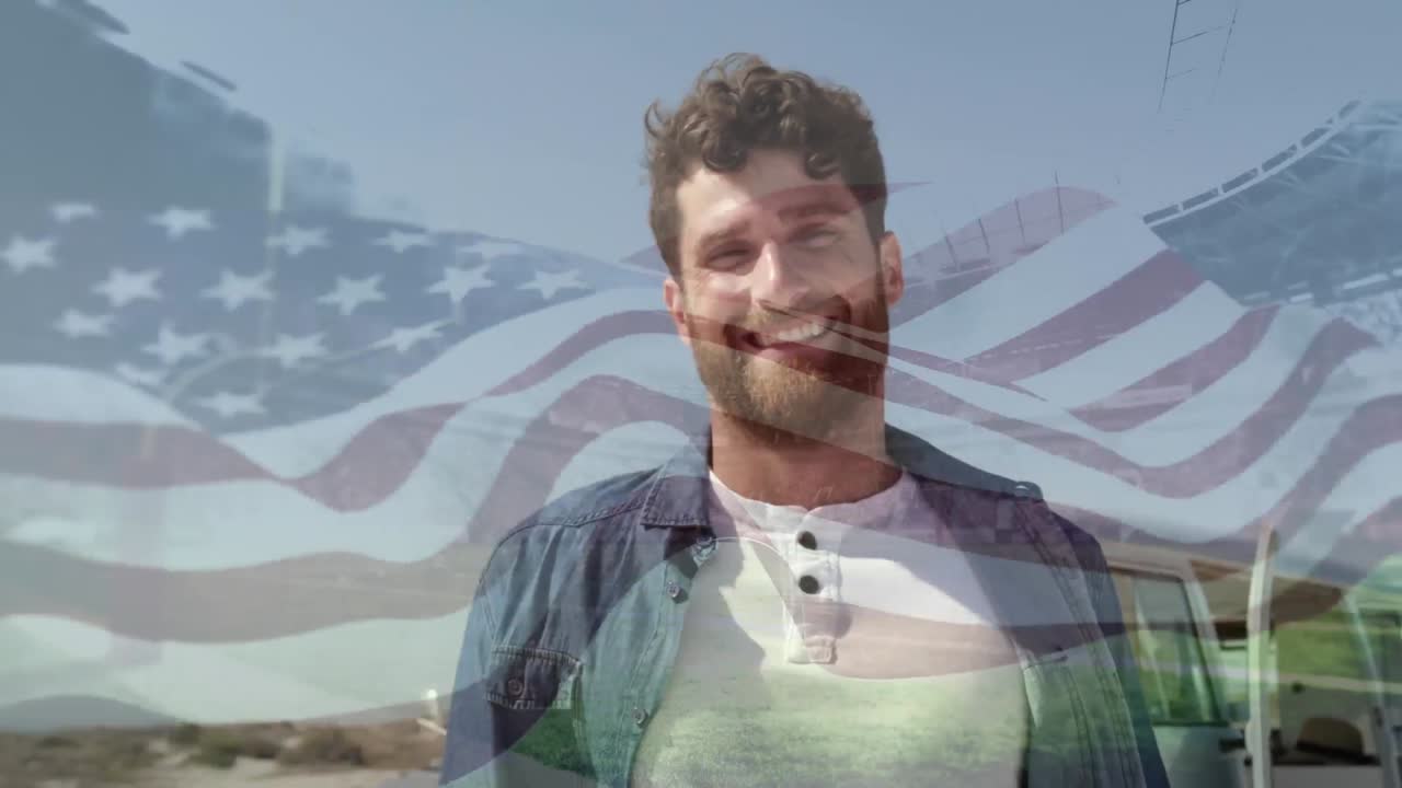 Animation of waving flag of usa over man having fun on the beach and stadium