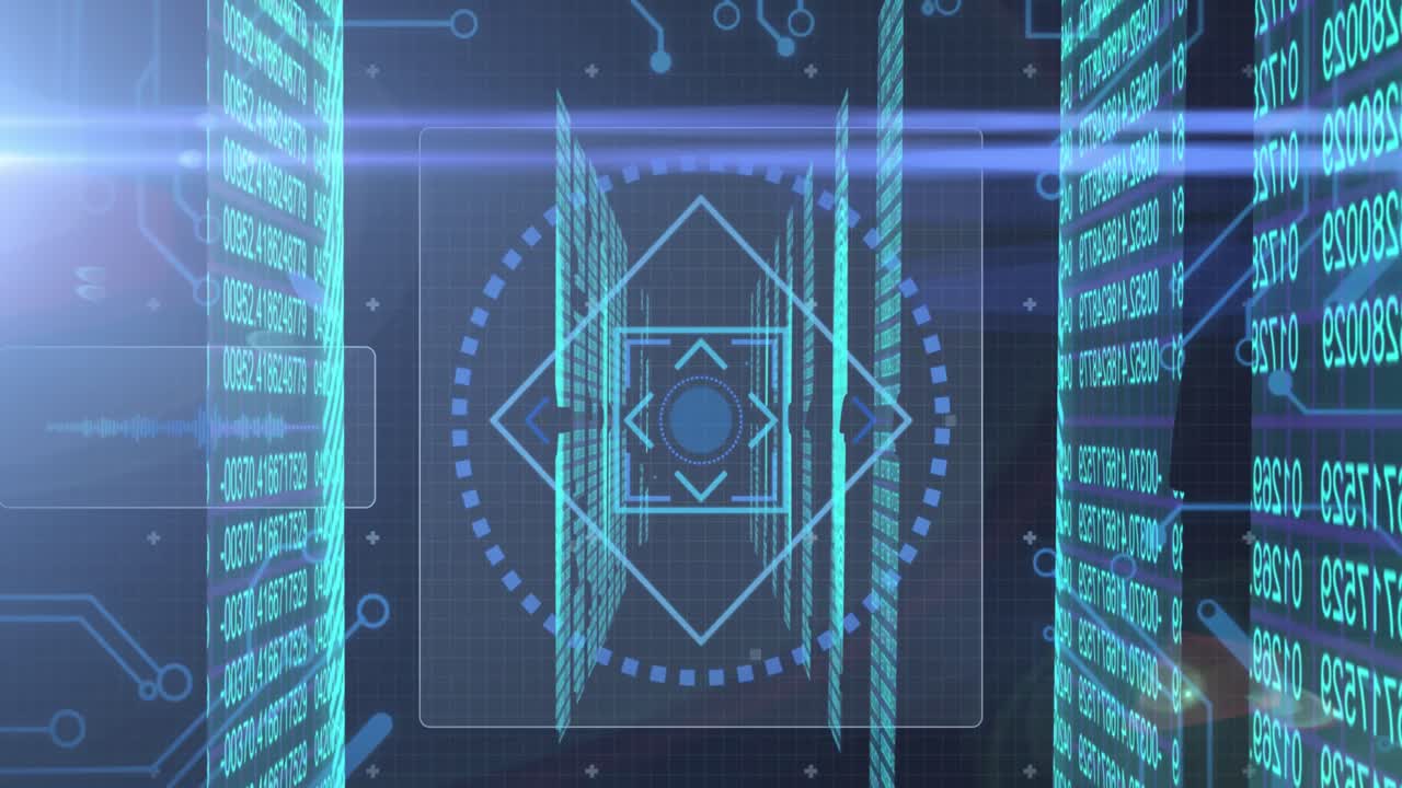 animazione dell'elaborazione dei dati con scansione dello scopo su sfondo nero