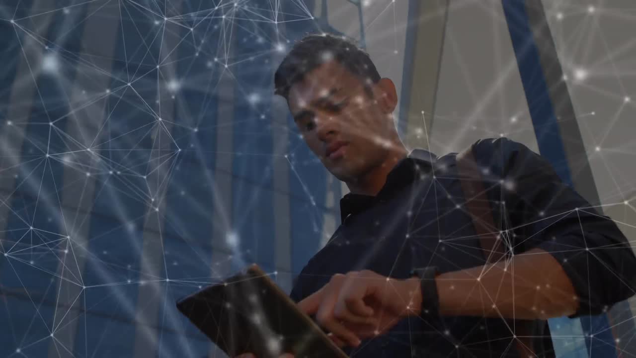 Animation of network of connections over businessman using tablet