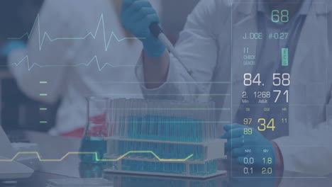 Animación-De-Datos-Científicos-Y-Métricas-De-Salud-Sobre-Científicos-Trabajando-En-El-Laboratorio.