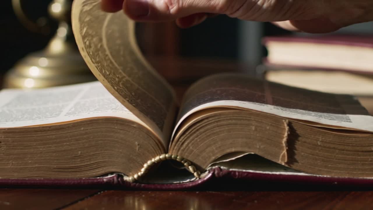 Mano destra che gira, solleva e sfoglia una pagina su un libro di pelle aperto sulla scrivania, rivelando del testo.