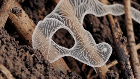 intricate translucent fungus or slime mold on forest floor