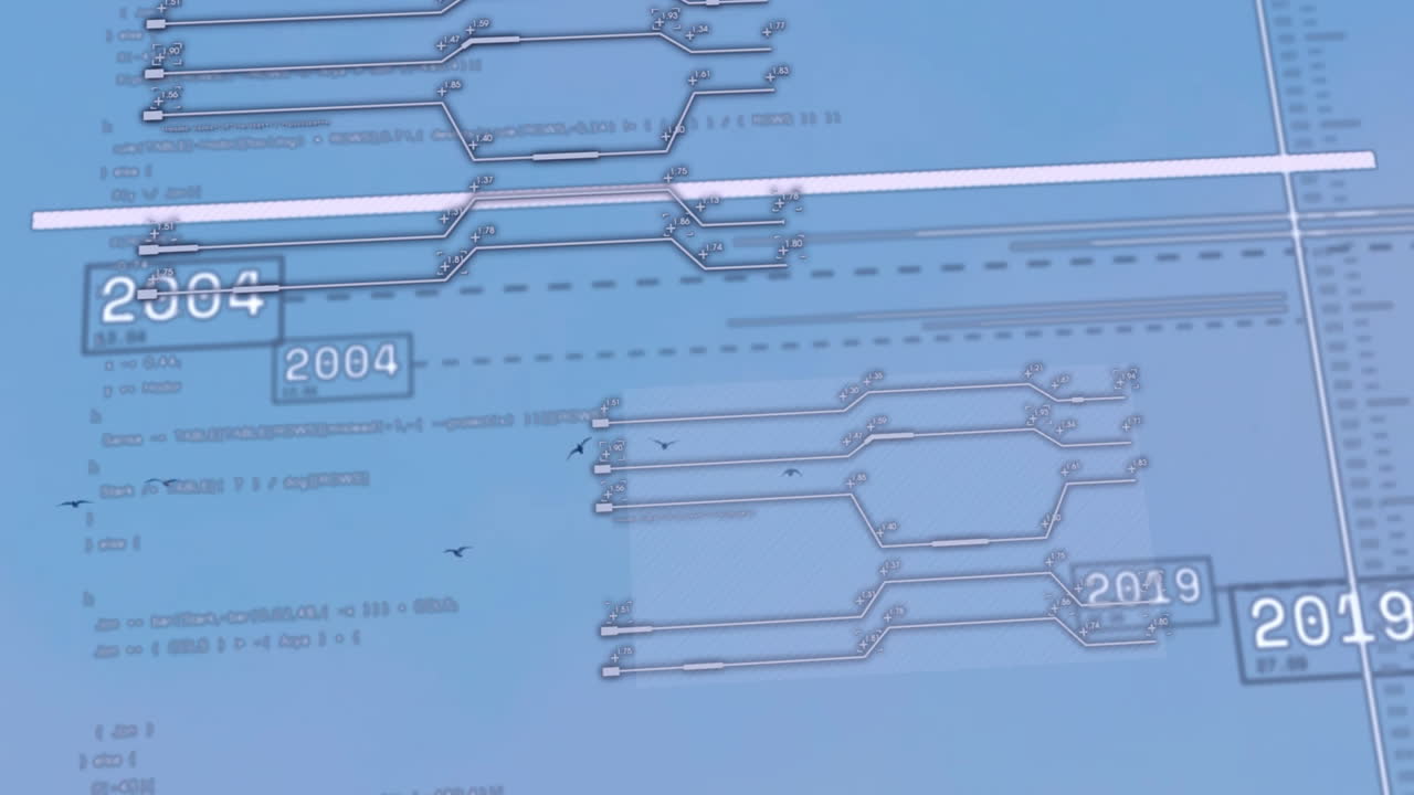 Timeline with years and circuit-like paths animation over blue background