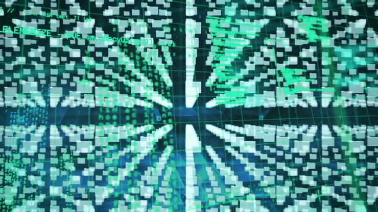 Animazione di icona di lucchetto di sicurezza ed elaborazione dati su forme quadrate blu con sfondo nero
