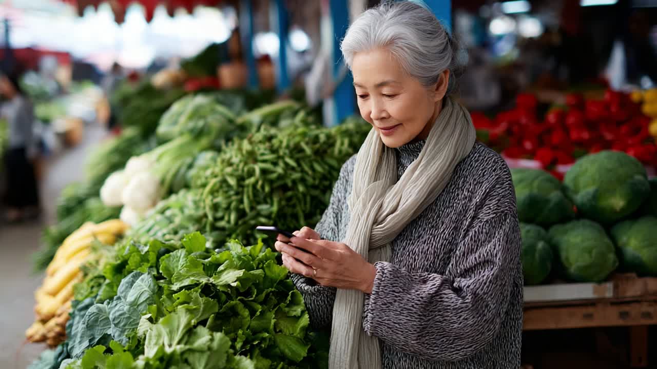 An elderly woman, dressed in a cozy sweater and scarf, stands at a vibrant market, skillfully navigating her smartphone while surrounded by an array of fresh green vegetables, symbolizing modernity blending with tradition