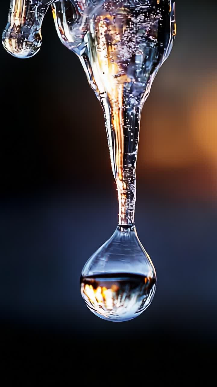 Close-up fascinante de uma gota d'água se formando e caindo, exibindo bolhas cintilantes e reflexos de luz em um plano de fundo escuro