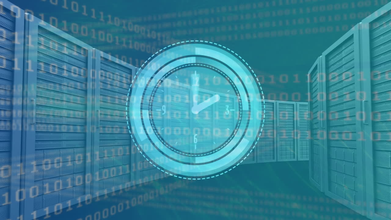 Animation of data processing and clock over server room