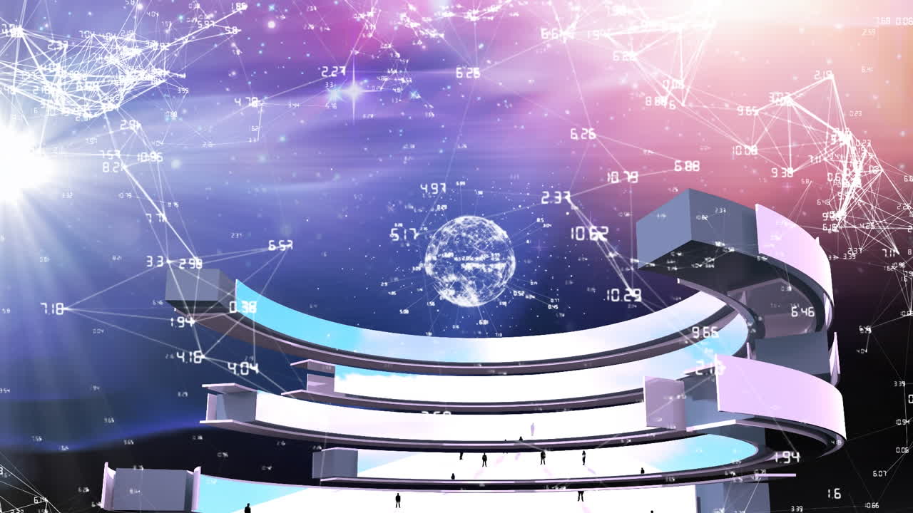 데이터 처리의 애니메이션과 파란색 배경 위의 지구