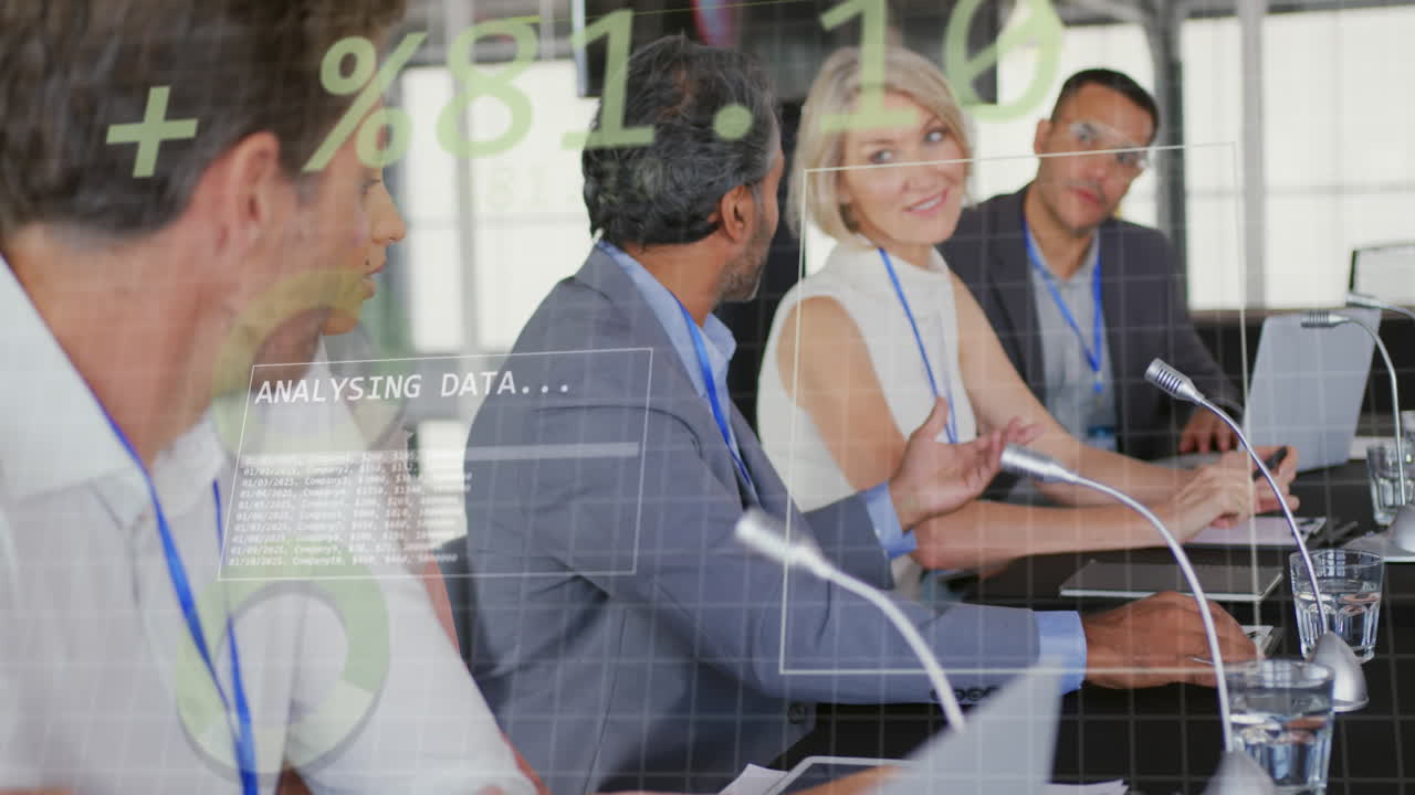 Animation of statistical data processing over diverse businesspeople discussing together at office