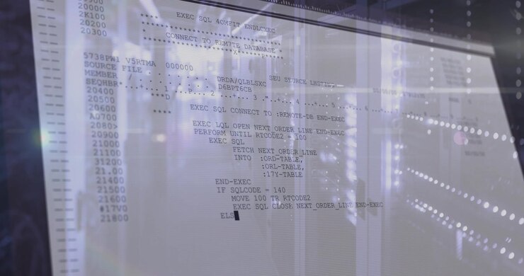 Overlegg med falmende og rullende COBOL SQL-kode over et serverrom, synkronisert med visning av bestillinger.