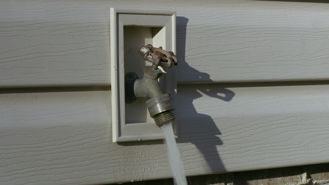grifo de agua dulce en el lado de una casa con agua que sale