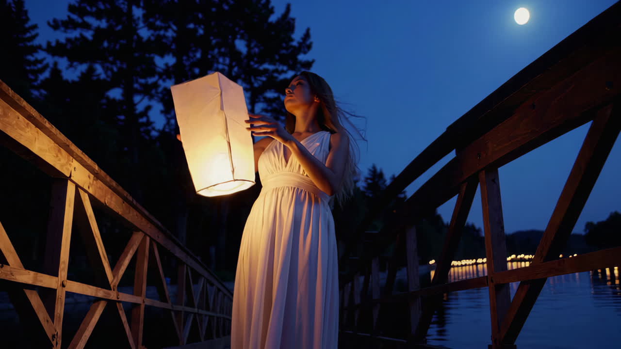 Woman with Lantern on a Bridge at Night