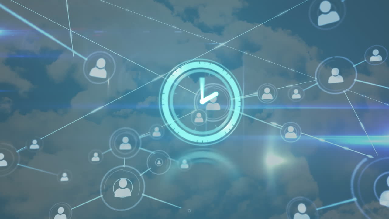 움직이는 시계와 하늘 위의 연결 네트워크의 애니메이션