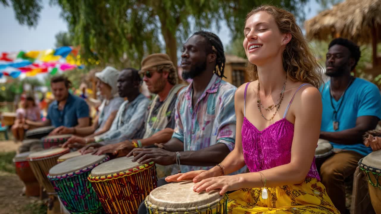 Diverse Group Playing African Drums at a Community Music Festival