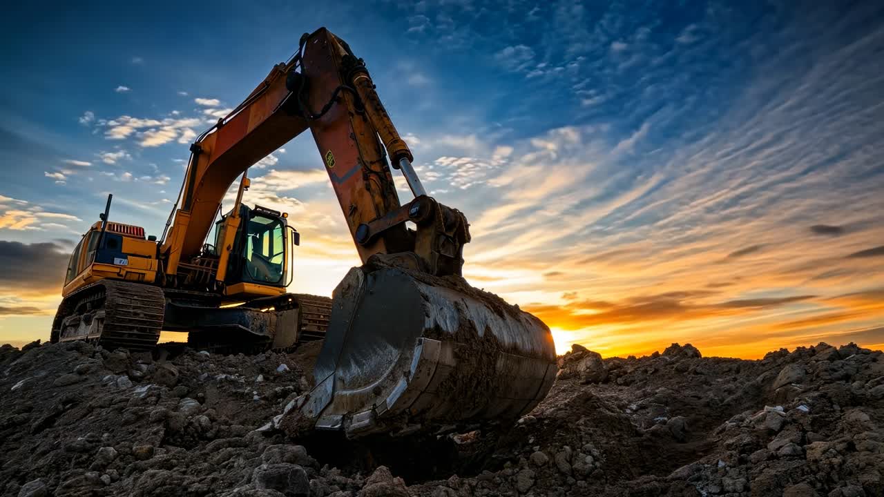 Low-angle shot of a yellow excavator on a construction site, set against a vibrant blue sky