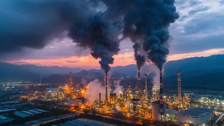Dramatic Skyscraper Silhouettes Against a Colorful Sunset, with Billowing Smoke Emitting from Industrial Towers, Capturing the Essence of Urban Manufacturing Landscapes