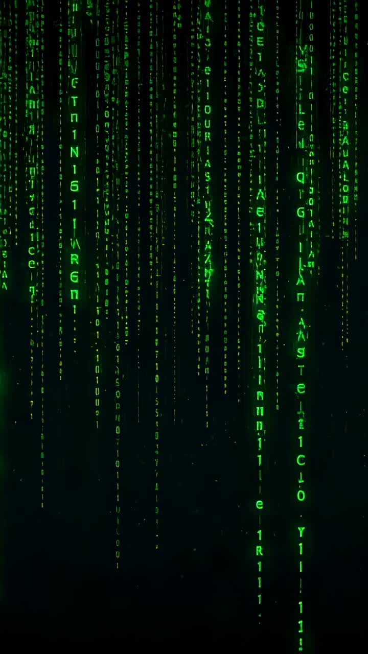 Vertical video: Glyphs appearing, neon-green code streams falling and coalescing on black backdrop
