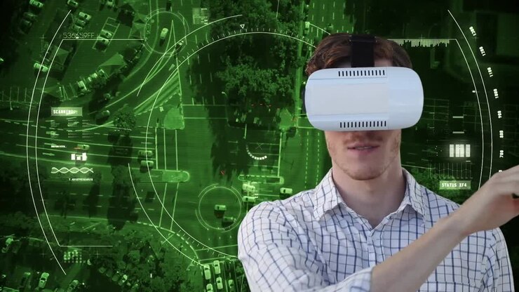 Animazione di scansione su uomo d'affari che indossa un visore VR e paesaggio urbano.