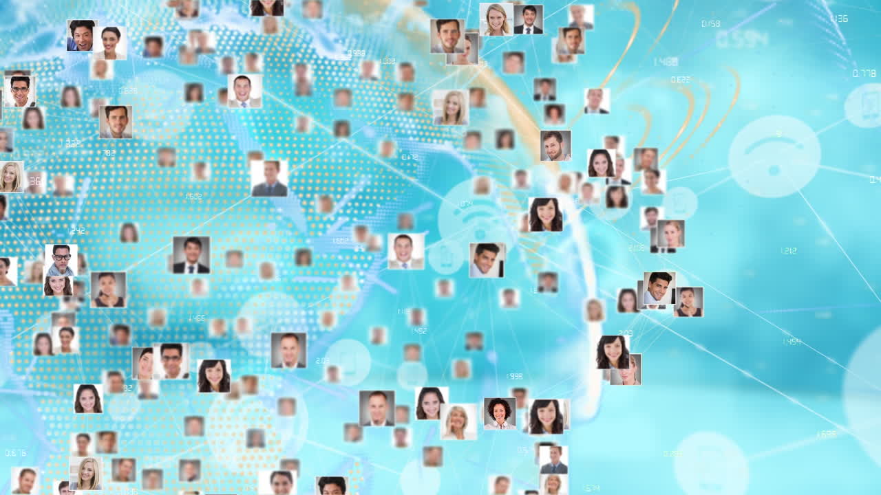 전 세계에 있는 다양한 사람들의 아이콘과 연결망의 애니메이션